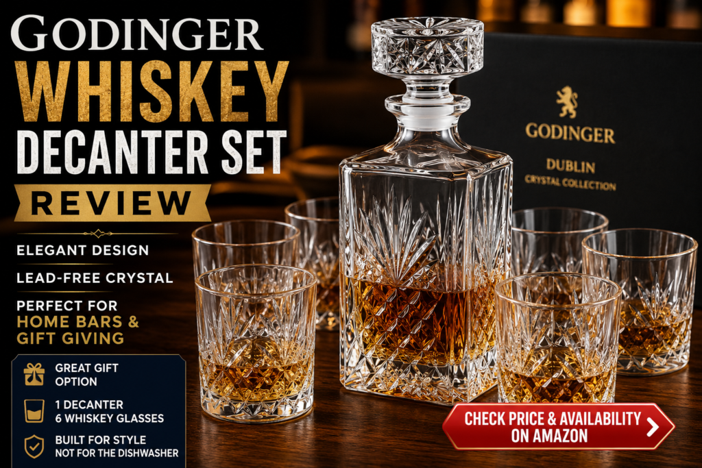 Godinger whiskey decanter with six glasses from the Dublin Crystal Collection