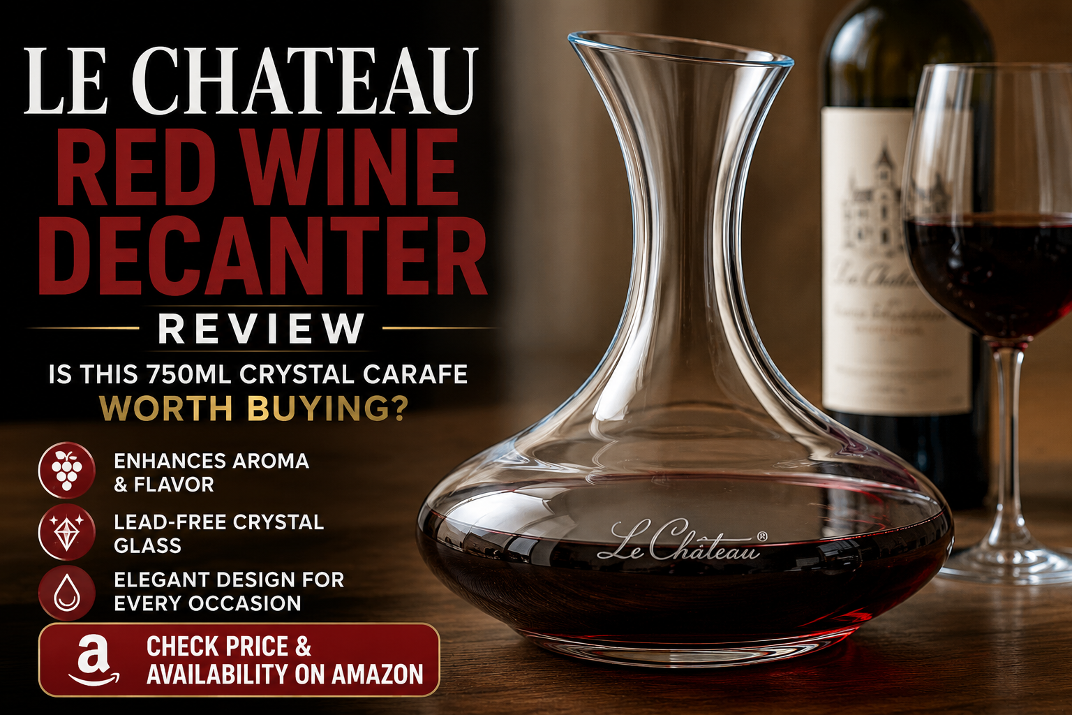 Le Chateau red wine decanter with wine glass and bottle on wooden table
