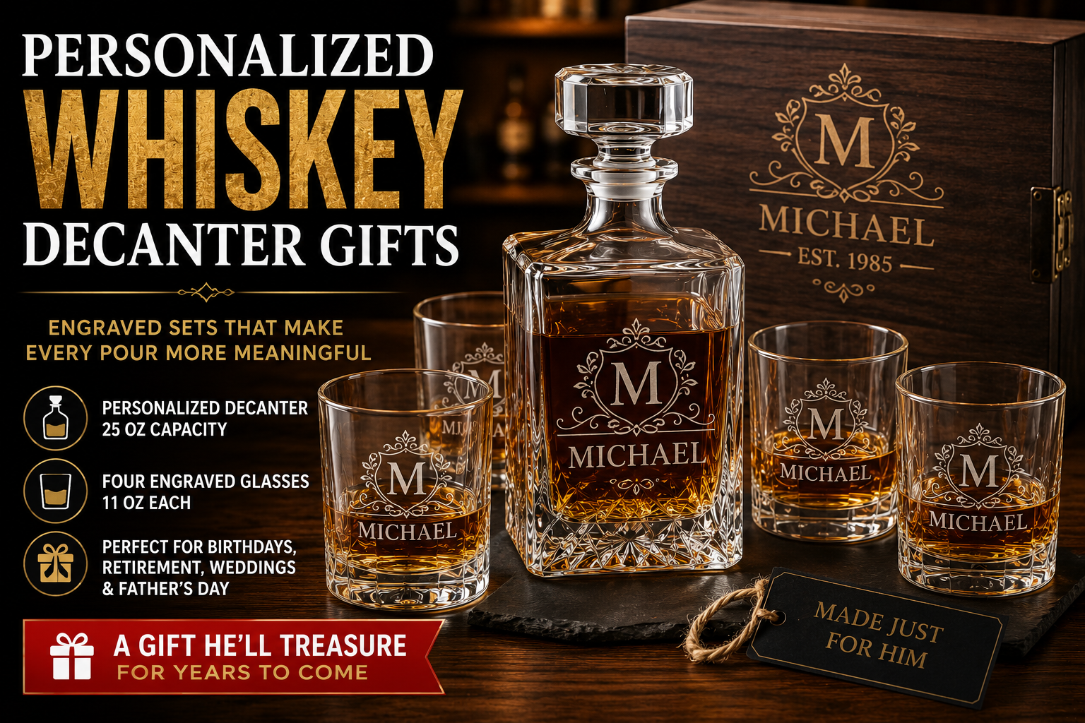 Personalized whiskey decanter gift set with four engraved glasses and wooden box