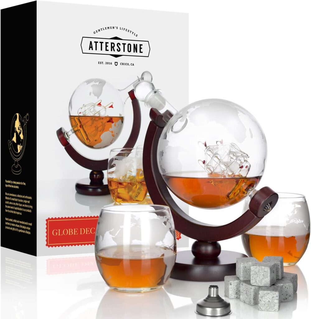 Atterstone Whiskey Decanter Set. Handblown Glass Globe Decanter Whisky Decanter Sets for Men. Crystal Decanter Whisky Gift Set. Bourbon Scotch Decanter Set Includes 2 Whiskey Glasses  Chilling Stones