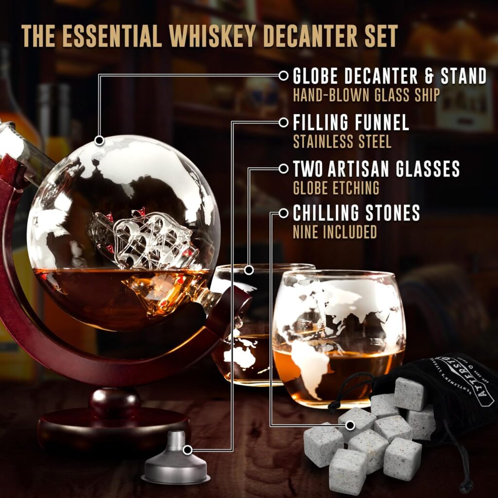 Atterstone Whiskey Decanter Set. Handblown Glass Globe Decanter Whisky Decanter Sets for Men. Crystal Decanter Whisky Gift Set. Bourbon Scotch Decanter Set Includes 2 Whiskey Glasses  Chilling Stones