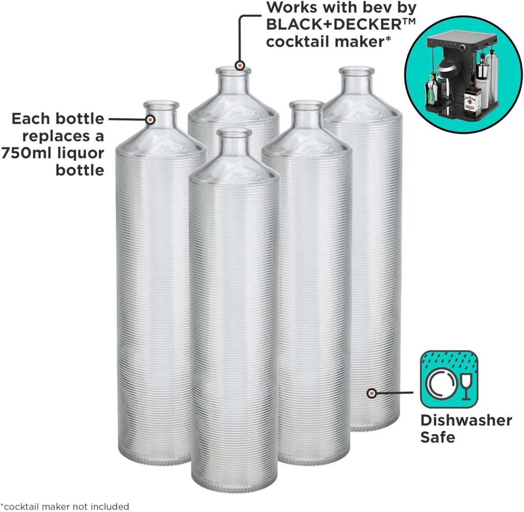 bev by BLACK+DECKER Cocktail Maker Glass Liquor Dispenser Bottles, Dishwasher Safe, 5 Pack (BEWB105​)