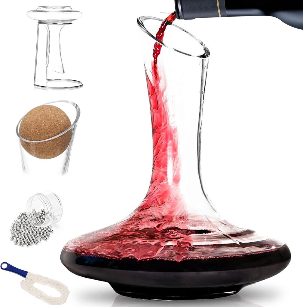 BTaT- XL Decanter with Drying Stand, Stopper, Brush and Beads, Hand Blown Crystal Glass, Wine Decanter, Wine Carafe, Wine Accessories, Red Wine Decanter, Wine Gift