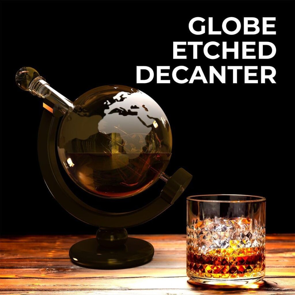 Chefs Star Whiskey Decanter Set for Men- Etched Globe Decanter, for Whiskey, Bourbon, with Whiskey Stones, Liquor Gift Set, 850ml (28 oz)