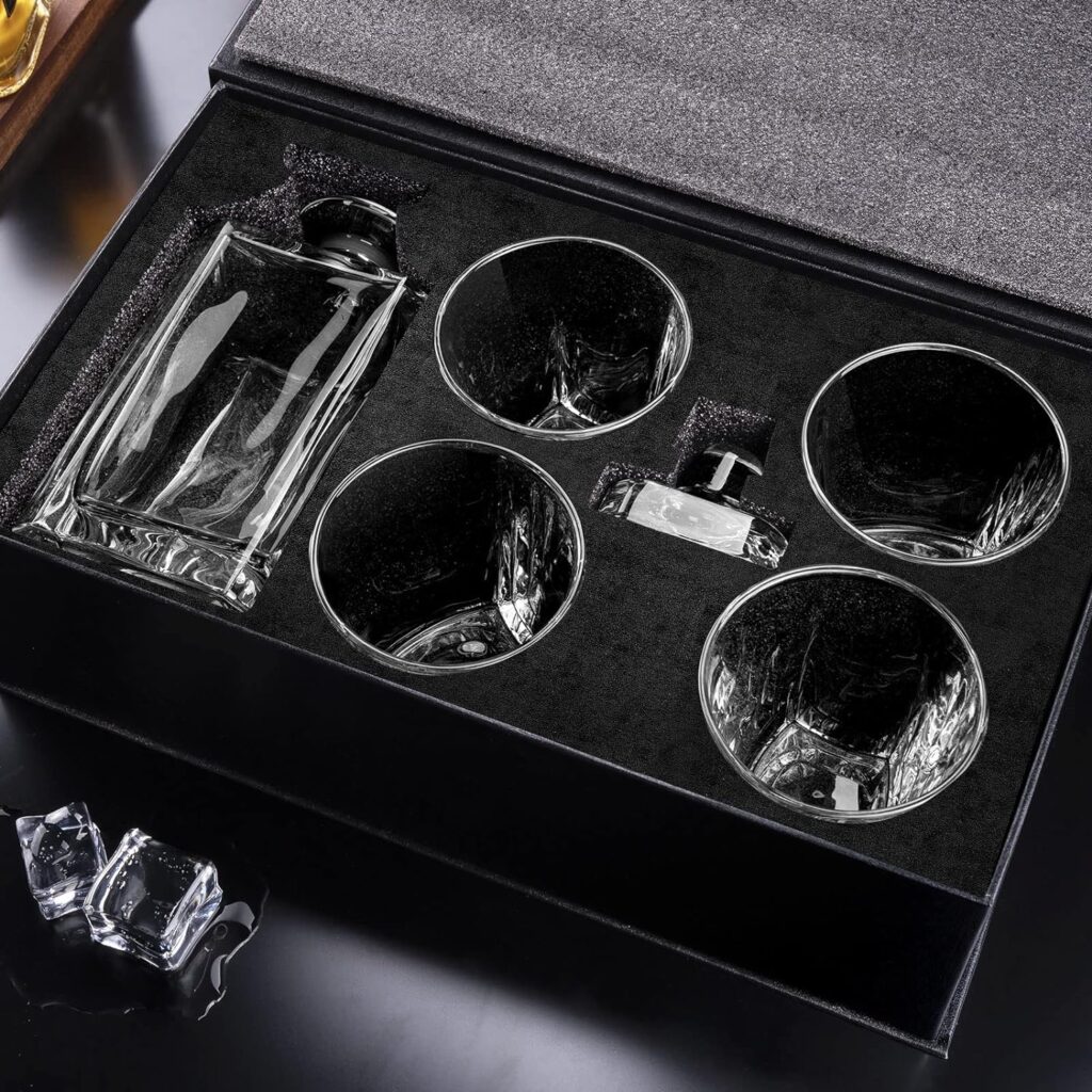 Denkee Whiskey Decanter Set 750ml with 4 Glasses, Crystal Decanter Gift Set with Glasses for Bourbon, Rum, Scotch, Liquor Whiskey Decanter Set for Men Dad Boyfriend Birthday Anniversary