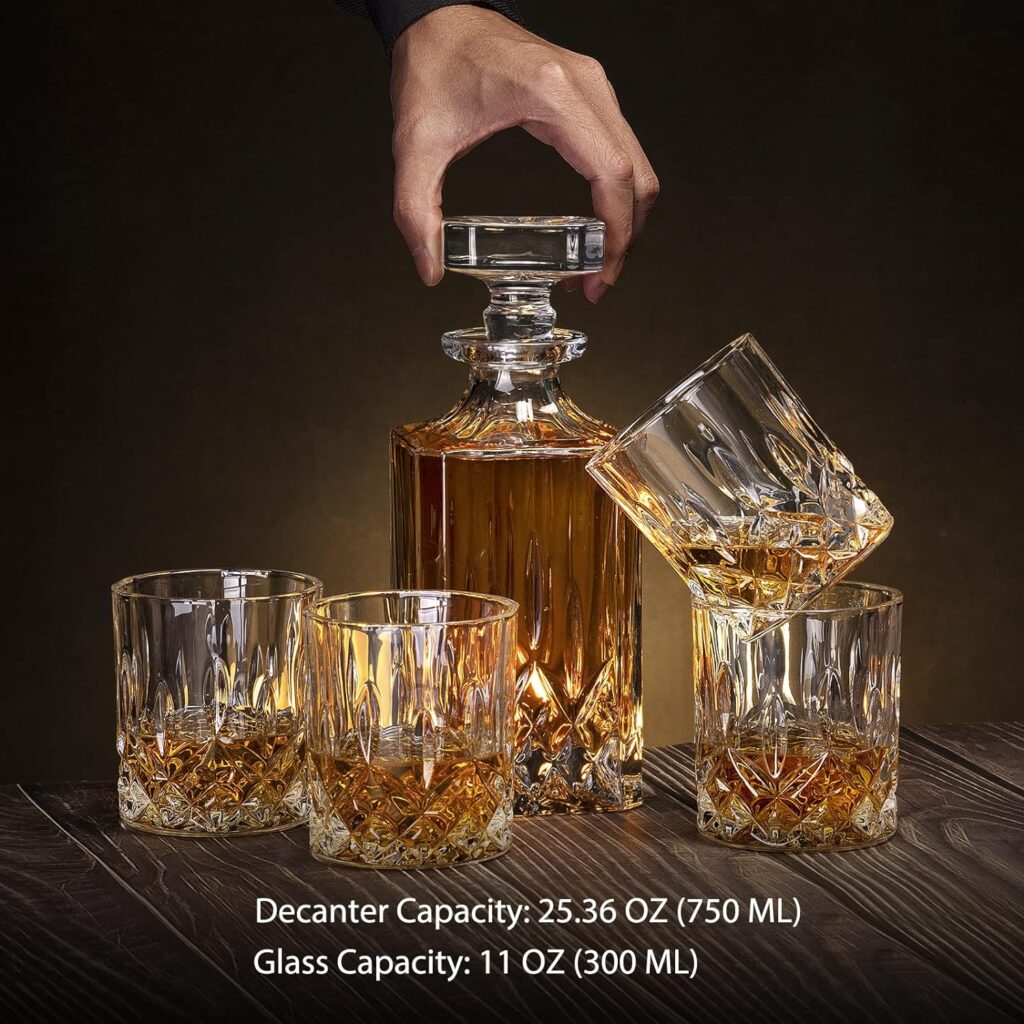 Denkee Whiskey Decanter Set 750ml with 4 Glasses, Crystal Decanter Gift Set with Glasses for Bourbon, Rum, Scotch, Liquor Whiskey Decanter Set for Men Dad Boyfriend Birthday Anniversary