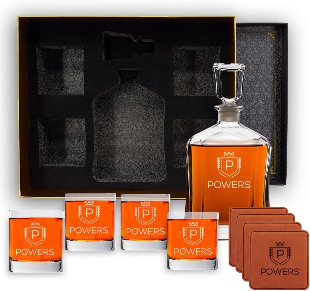 Engraved Liquor Whiskey Decanter Set with Scotch Glasses for Men - 9 Design Options - Personalized Gift Set for Him, Dad - Premium Set Includes Whiskey Stones - by Froolu