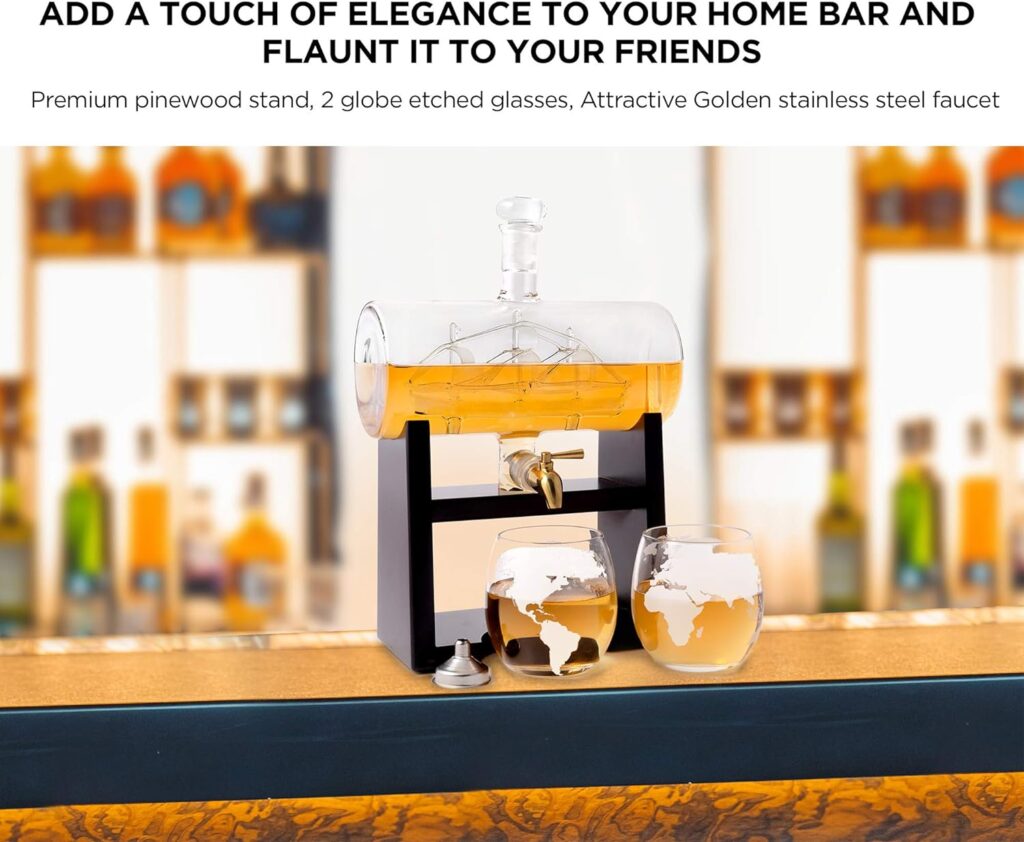 flybold Whiskey Decanter Set - Glass Set Antique Barrel Ship Decanter Handblown Gifts for men Includes Stand 1160ml Dispenser 2 Whiskey Globe Glasses for Scotch Bourbon Wine Rum Tequila