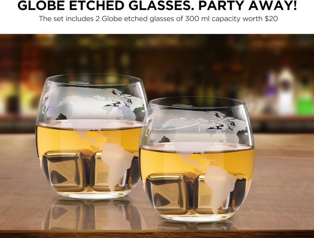 flybold Whiskey Decanter Set - Glass Set Antique Barrel Ship Decanter Handblown Gifts for men Includes Stand 1160ml Dispenser 2 Whiskey Globe Glasses for Scotch Bourbon Wine Rum Tequila