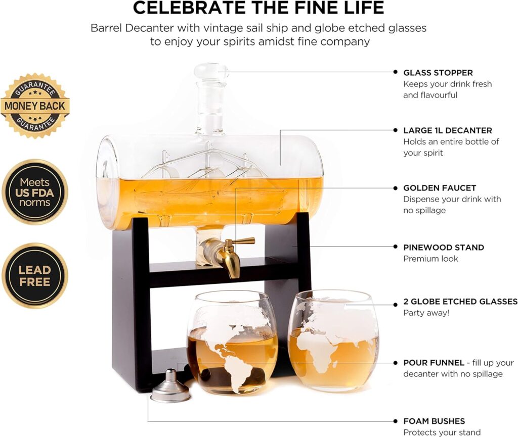 flybold Whiskey Decanter Set - Glass Set Antique Barrel Ship Decanter Handblown Gifts for men Includes Stand 1160ml Dispenser 2 Whiskey Globe Glasses for Scotch Bourbon Wine Rum Tequila