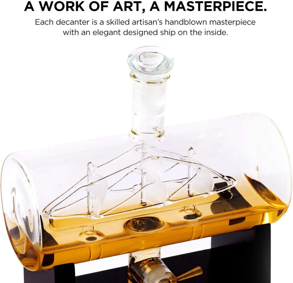 flybold Whiskey Decanter Set - Glass Set Antique Barrel Ship Decanter Handblown Gifts for men Includes Stand 1160ml Dispenser 2 Whiskey Globe Glasses for Scotch Bourbon Wine Rum Tequila