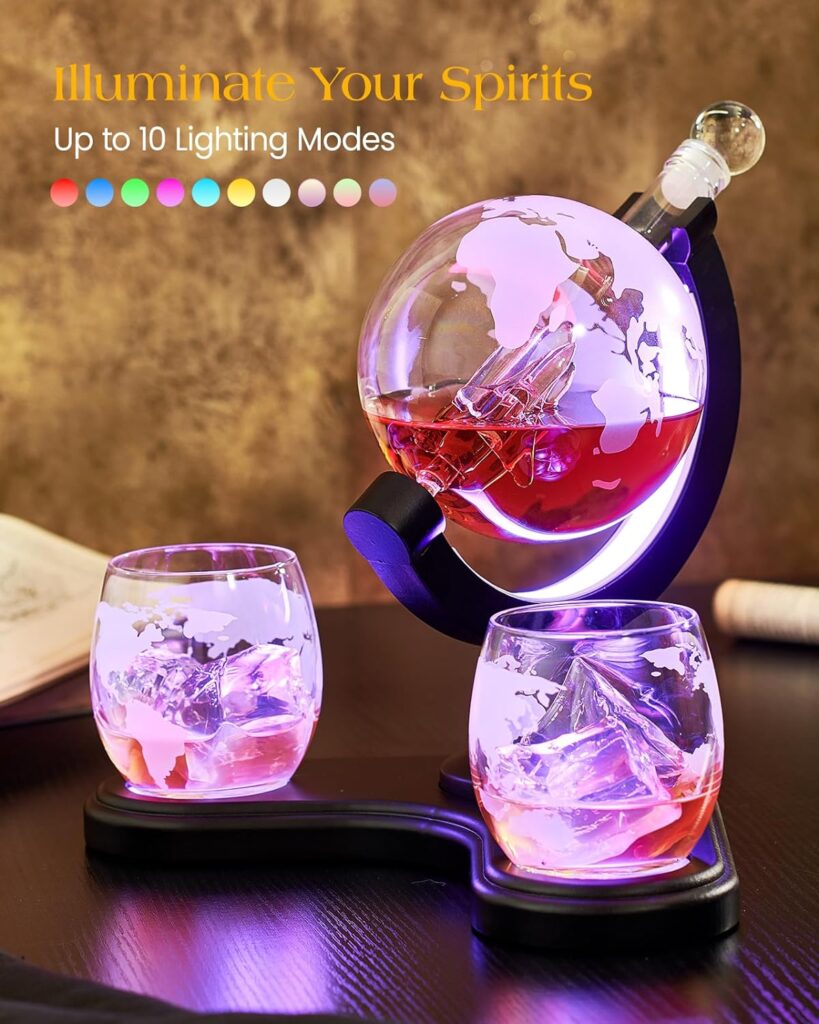 Gifts for Men Dad, Kollea 30.4 Oz Whiskey Globe Decanter Set with 7 Color RGB Light, Unique Anniversary Christmas Birthday Gifts Ideas for Men Dad Husband, Cool Liquor Dispenser for Home Bar