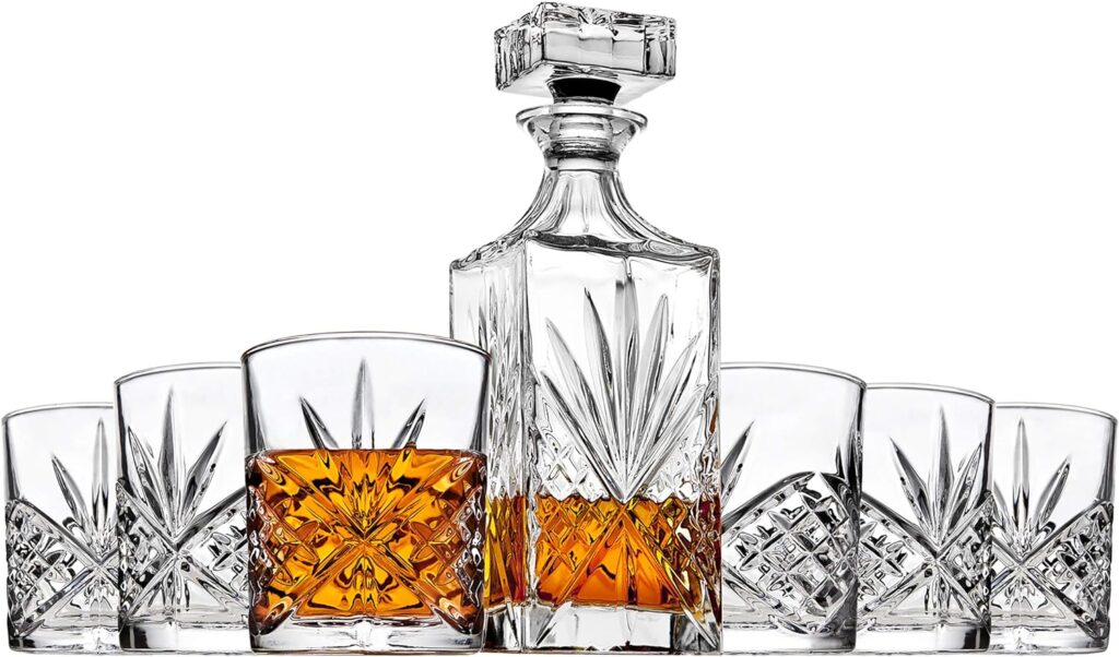 Godinger Whiskey Decanter and 6 Whiskey Glasses Bar set, for Liquor Scotch Bourbon Wine - Dublin Crystal Collection