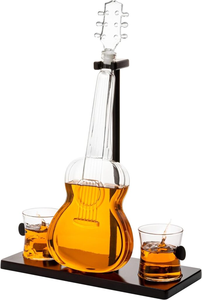 Guitar Whiskey  Wine Decanter  Mahogany Base - The Wine Savant 1000 ML Glass Decanter with 2 10oz Glasses 14 For Whiskey Music Lover  Guitar Player Gifts Musician Music Lovers