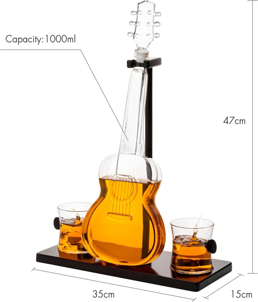 Guitar Whiskey  Wine Decanter  Mahogany Base - The Wine Savant 1000 ML Glass Decanter with 2 10oz Glasses 14 For Whiskey Music Lover  Guitar Player Gifts Musician Music Lovers