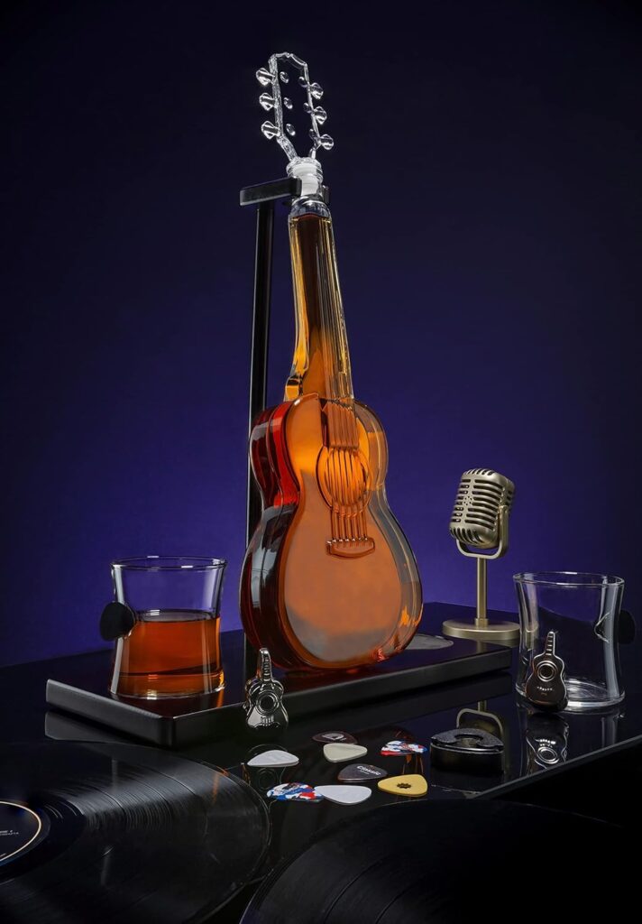 Guitar Whiskey  Wine Decanter  Mahogany Base - The Wine Savant 1000 ML Glass Decanter with 2 10oz Glasses 14 For Whiskey Music Lover  Guitar Player Gifts Musician Music Lovers