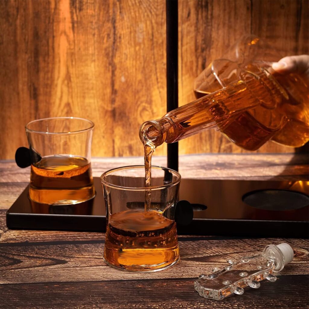 Guitar Whiskey  Wine Decanter  Mahogany Base - The Wine Savant 1000 ML Glass Decanter with 2 10oz Glasses 14 For Whiskey Music Lover  Guitar Player Gifts Musician Music Lovers