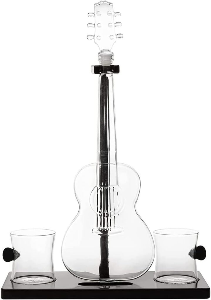 Guitar Whiskey  Wine Decanter  Mahogany Base - The Wine Savant 1000 ML Glass Decanter with 2 10oz Glasses 14 For Whiskey Music Lover  Guitar Player Gifts Musician Music Lovers