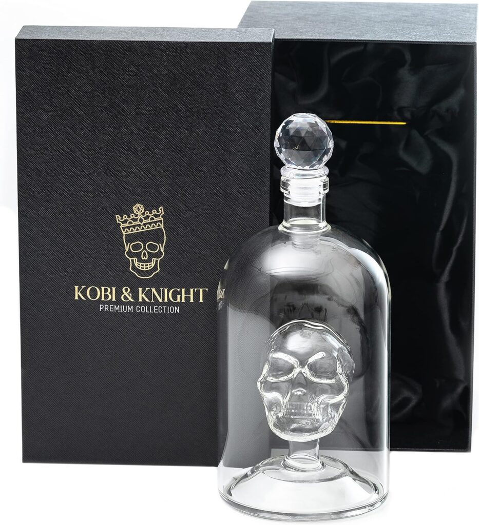 Kobi  Knight Premium Skull Decanter - Handmade Skull Whiskey Decanter with Airtight Stopper - Borosilicate Glass Skull Decanter - Thick Vodka, Rum, Gin, Tequila Bottle - 25fl oz / 750ml Skull Barware