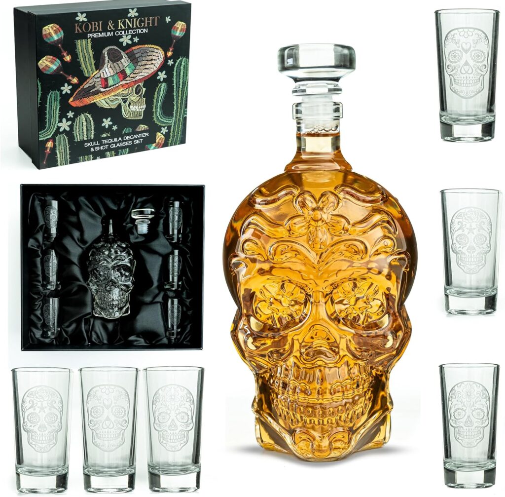 Kobi  Knight Skull Tequila Decanter Set - Handmade Glass Skull Liquor Decanter with 6 Shot Glasses - Tequila Set in Gift Box - Creative Tequila Party, Bar Decorations - Cool Tequila Gifts