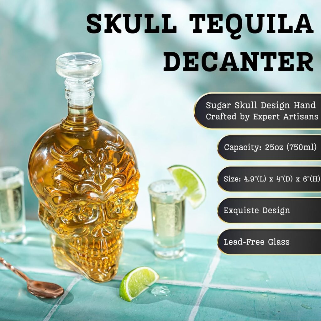 Kobi  Knight Skull Tequila Decanter Set - Handmade Glass Skull Liquor Decanter with 6 Shot Glasses - Tequila Set in Gift Box - Creative Tequila Party, Bar Decorations - Cool Tequila Gifts