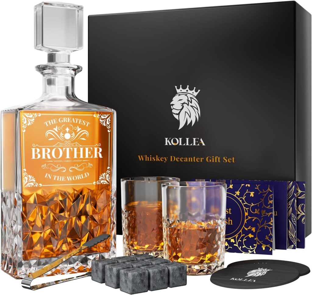 Kollea Christmas Gifts for Brother, 27 Oz Whiskey Decanter Set with 2 Glasses  Whiskey Stones, Best Brother Birthday Gifts from Sister, Unique Cool Anniversary Presents Ideas for Men Him