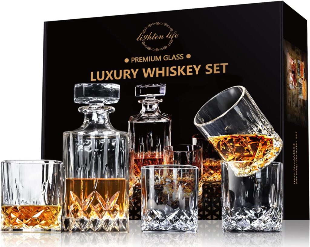 LIGHTEN LIFE 5 Piece Whiskey Decanter Sets,Non-Lead Whiskey Decanter with 4 Glasses in Gift Box,Crystal Bourbon Decanter Set,Scotch Decanter Set with Glasses,Whiskey Decanter Sets for Men,Dad