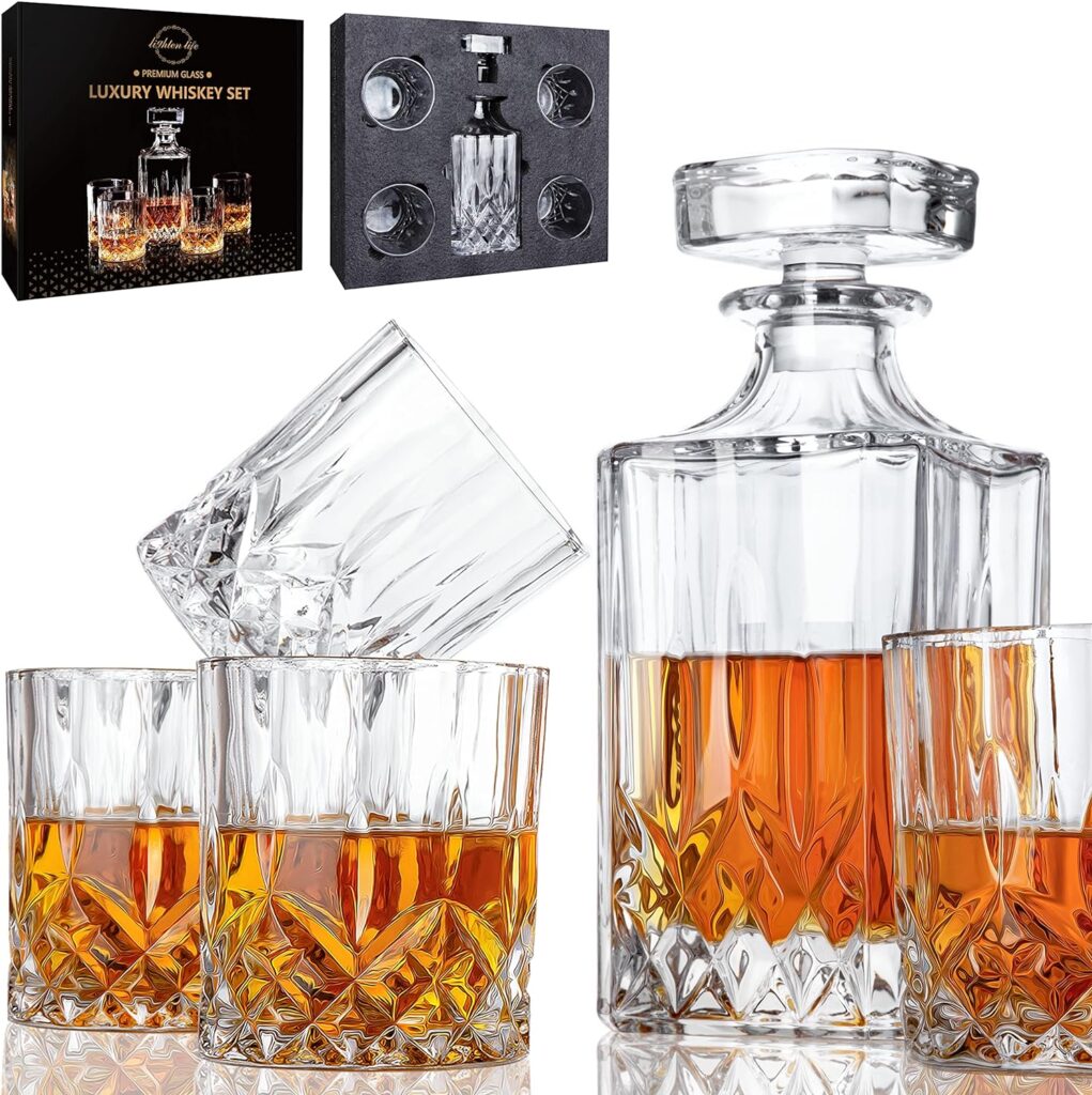 LIGHTEN LIFE 5 Piece Whiskey Decanter Sets,Non-Lead Whiskey Decanter with 4 Glasses in Gift Box,Crystal Bourbon Decanter Set,Scotch Decanter Set with Glasses,Whiskey Decanter Sets for Men,Dad