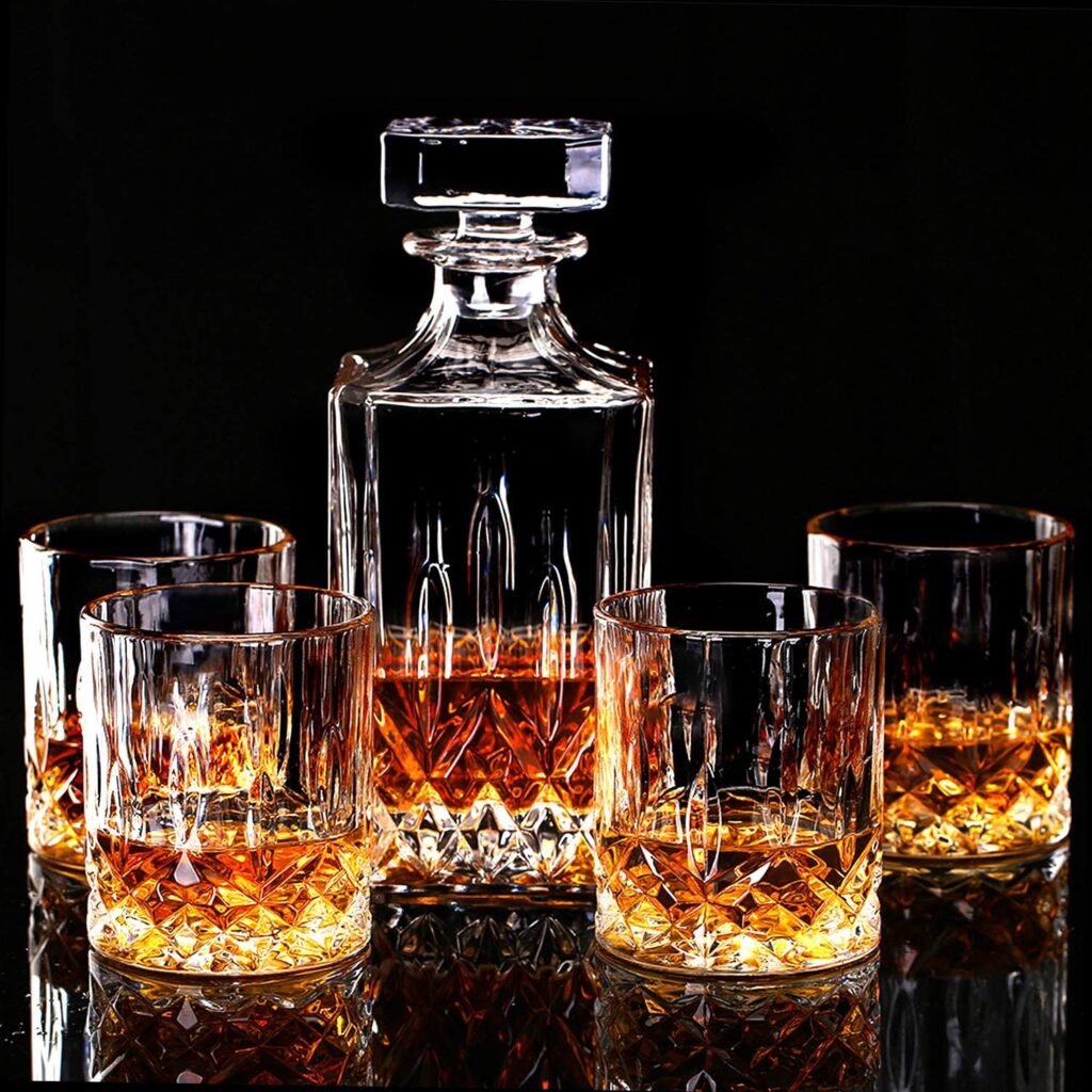 LIGHTEN LIFE 5 Piece Whiskey Decanter Sets,Non-Lead Whiskey Decanter with 4 Glasses in Gift Box,Crystal Bourbon Decanter Set,Scotch Decanter Set with Glasses,Whiskey Decanter Sets for Men,Dad