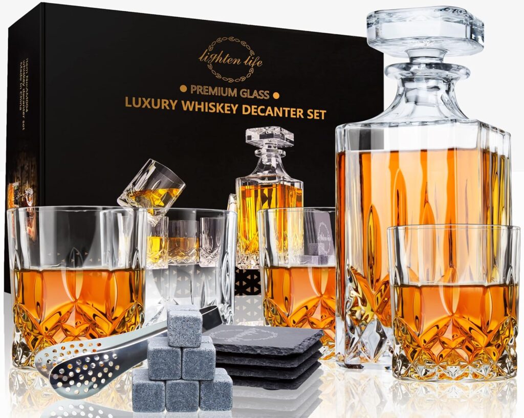 LIGHTEN LIFE Whiskey Decanter Set with Bar Accessories,Crystal Whiskey Decanter and Glass Set in Gift Box,Non-Lead Bourbon Decanter Set for Rum Scotch,Wedding Anniversary Birthday Gift for Men Him Dad