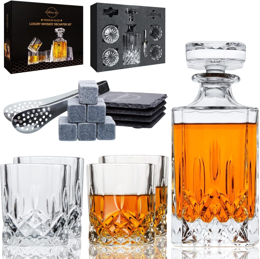 LIGHTEN LIFE Whiskey Decanter Set with Bar Accessories,Crystal Whiskey Decanter and Glass Set in Gift Box,Non-Lead Bourbon Decanter Set for Rum Scotch,Wedding Anniversary Birthday Gift for Men Him Dad