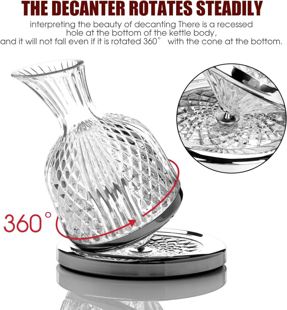 Lovino Crystal Wine Decanter Lead-free Crystal Glass, 360 Degree Spinning, 1.5L Red Wine Aerator Great Gift Box, Wine Accessories