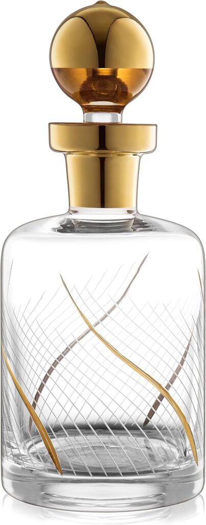 Luxurious Whiskey  Liquor Decanter – Handcrafted with Real Gold Detailing and Stopper – for Scotch, Spirits, Vodka or Wine, 11”Height, 41 oz