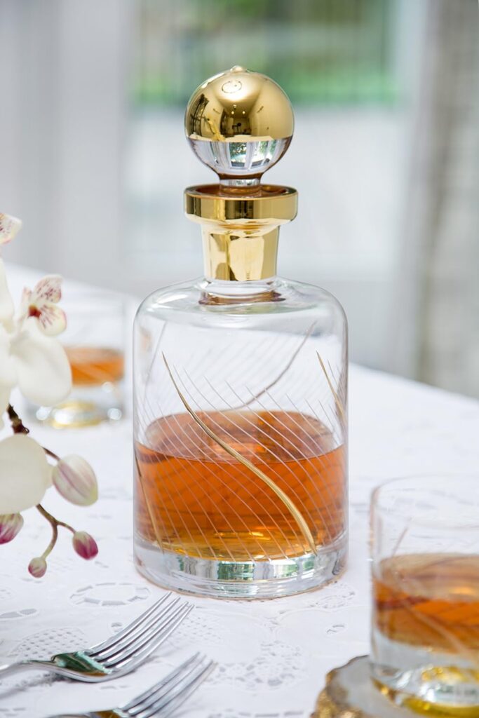 Luxurious Whiskey  Liquor Decanter – Handcrafted with Real Gold Detailing and Stopper – for Scotch, Spirits, Vodka or Wine, 11”Height, 41 oz