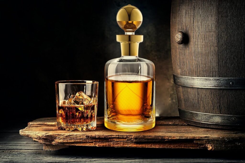 Luxurious Whiskey  Liquor Decanter – Handcrafted with Real Gold Detailing and Stopper – for Scotch, Spirits, Vodka or Wine, 11”Height, 41 oz