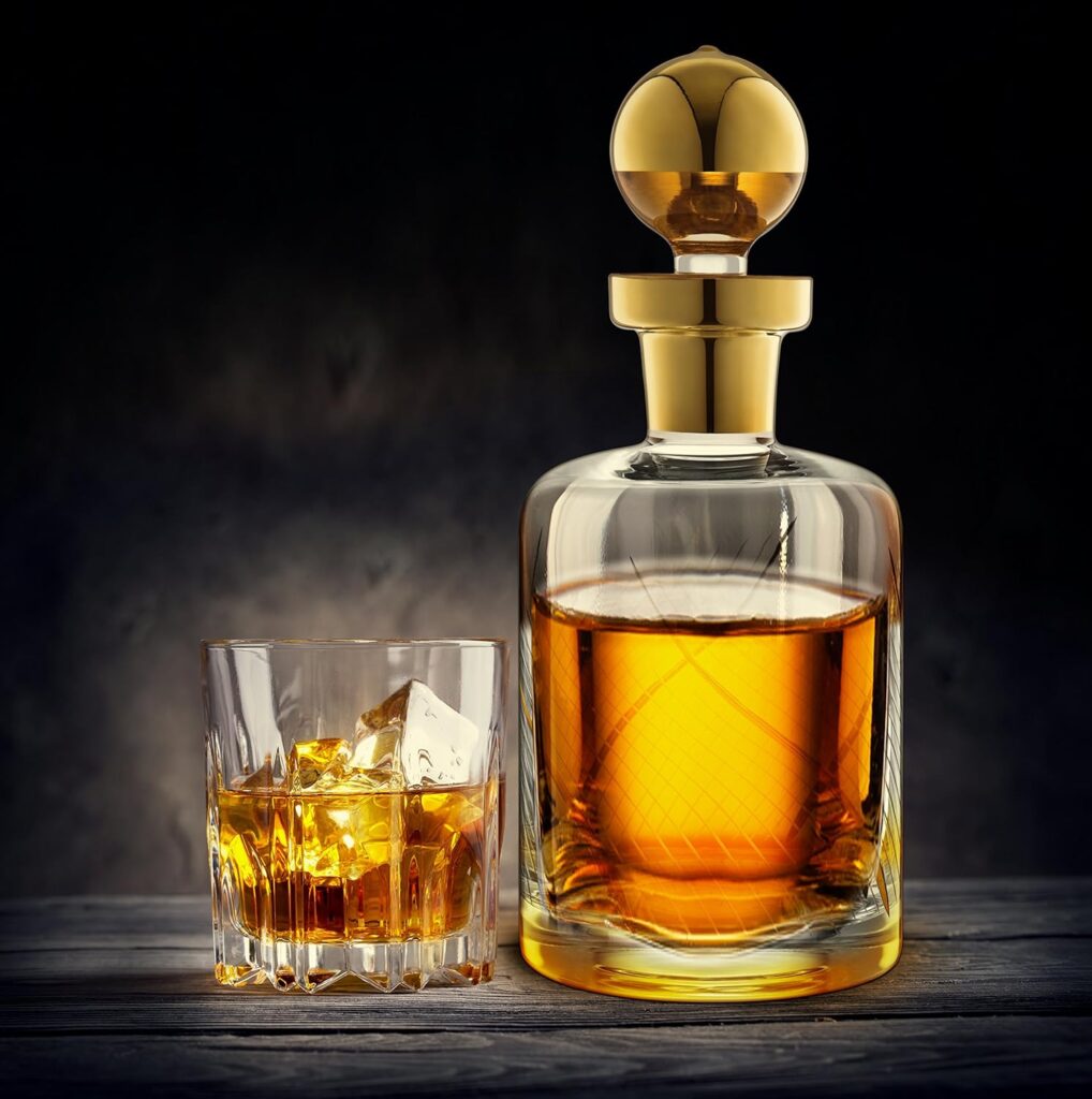 Luxurious Whiskey  Liquor Decanter – Handcrafted with Real Gold Detailing and Stopper – for Scotch, Spirits, Vodka or Wine, 11”Height, 41 oz