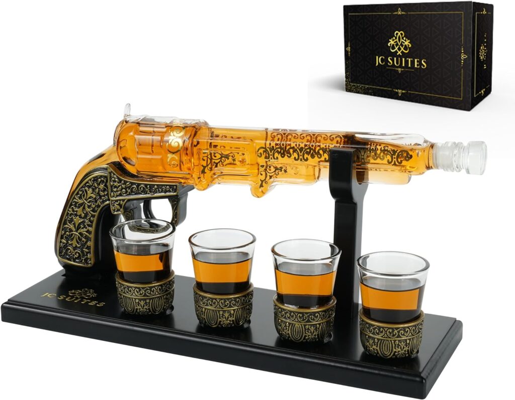 Luxury Gun Decanter with 4 Shot Glasses, Gift Box,  Funnel - Cool Unique Whiskey Decanter Sets for Men  Women - Crystal Glass Alcohol Dispenser Set for Liquor Wine Bourbon Scotch Tequila Gifts