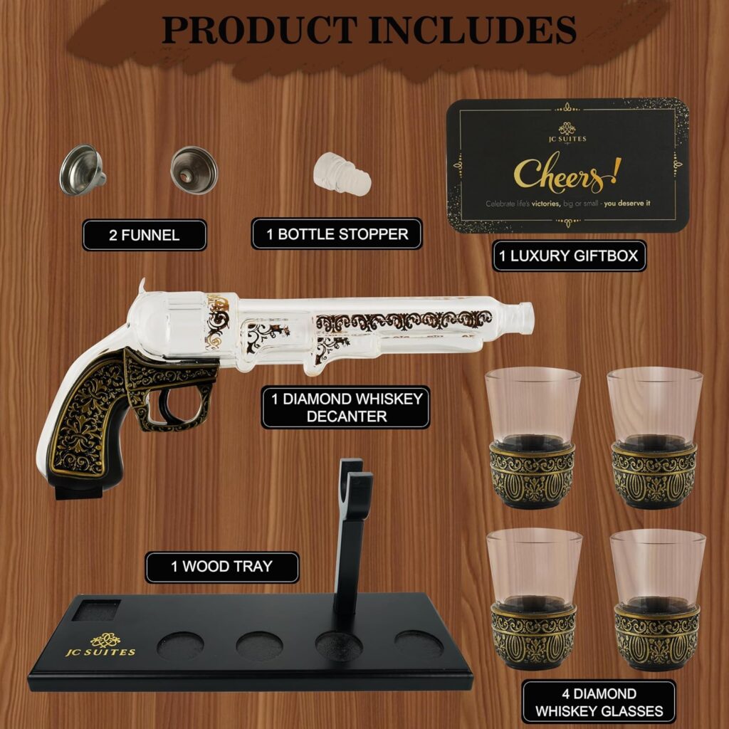 Luxury Gun Decanter with 4 Shot Glasses, Gift Box,  Funnel - Cool Unique Whiskey Decanter Sets for Men  Women - Crystal Glass Alcohol Dispenser Set for Liquor Wine Bourbon Scotch Tequila Gifts