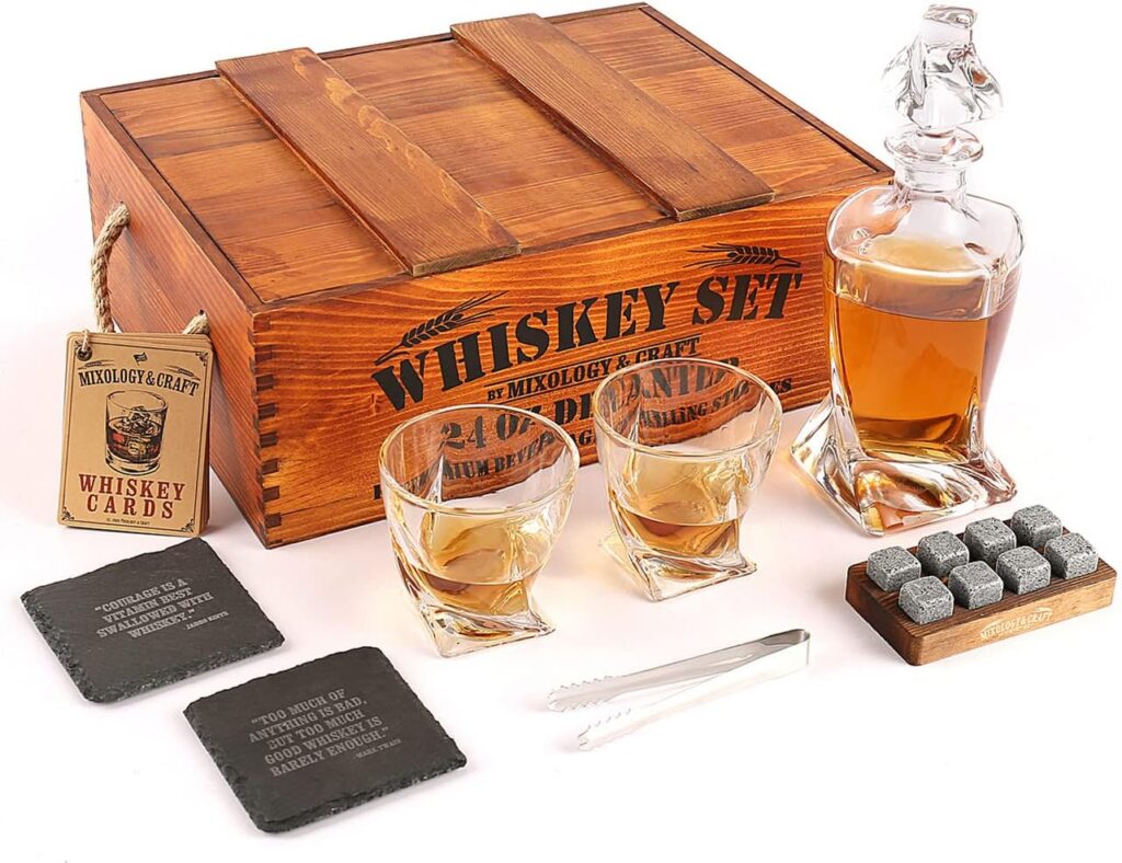 Mixology Craft Whiskey Decanter Set, Liquor Decanter Set With Glasses Whiskey Stones 17PC set, Great Whiskey Gifts For Men, Boyfriend, Dad, Husband - Brown