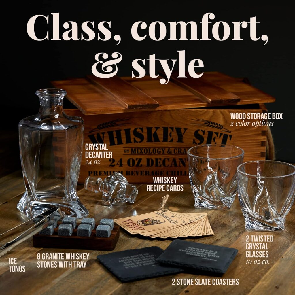 Mixology Craft Whiskey Decanter Set, Liquor Decanter Set With Glasses Whiskey Stones 17PC set, Great Whiskey Gifts For Men, Boyfriend, Dad, Husband - Brown