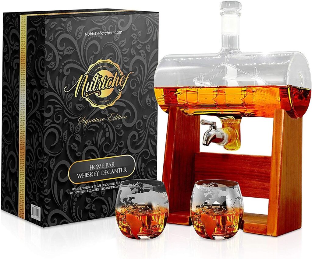 NutriChef Glass Whiskey Decanter with Glasses -1100ml Barrel Whiskey Carafe Alcohol Decanter Set, Decanter w/ Spigot, Stopper  Base, For Brandy Wine Cognac Rum Gin Scotch Bourbon - NutriChef