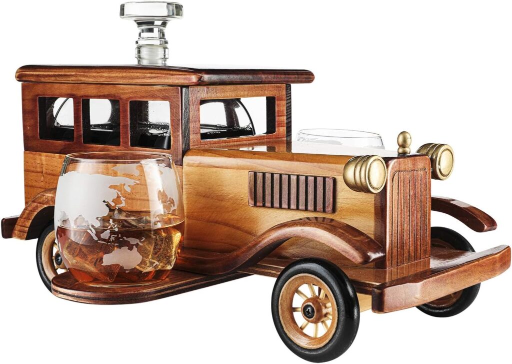 Old Fashioned Car Whiskey Decanter Set, Very Large 15 x 13 x 7 750ml Decanter Spigot, and 2-10oz Whiskey Tumbler Old Fashion Glasses, Old Fashioned Vintage Car, Limited Edition, Great Bar Gift!