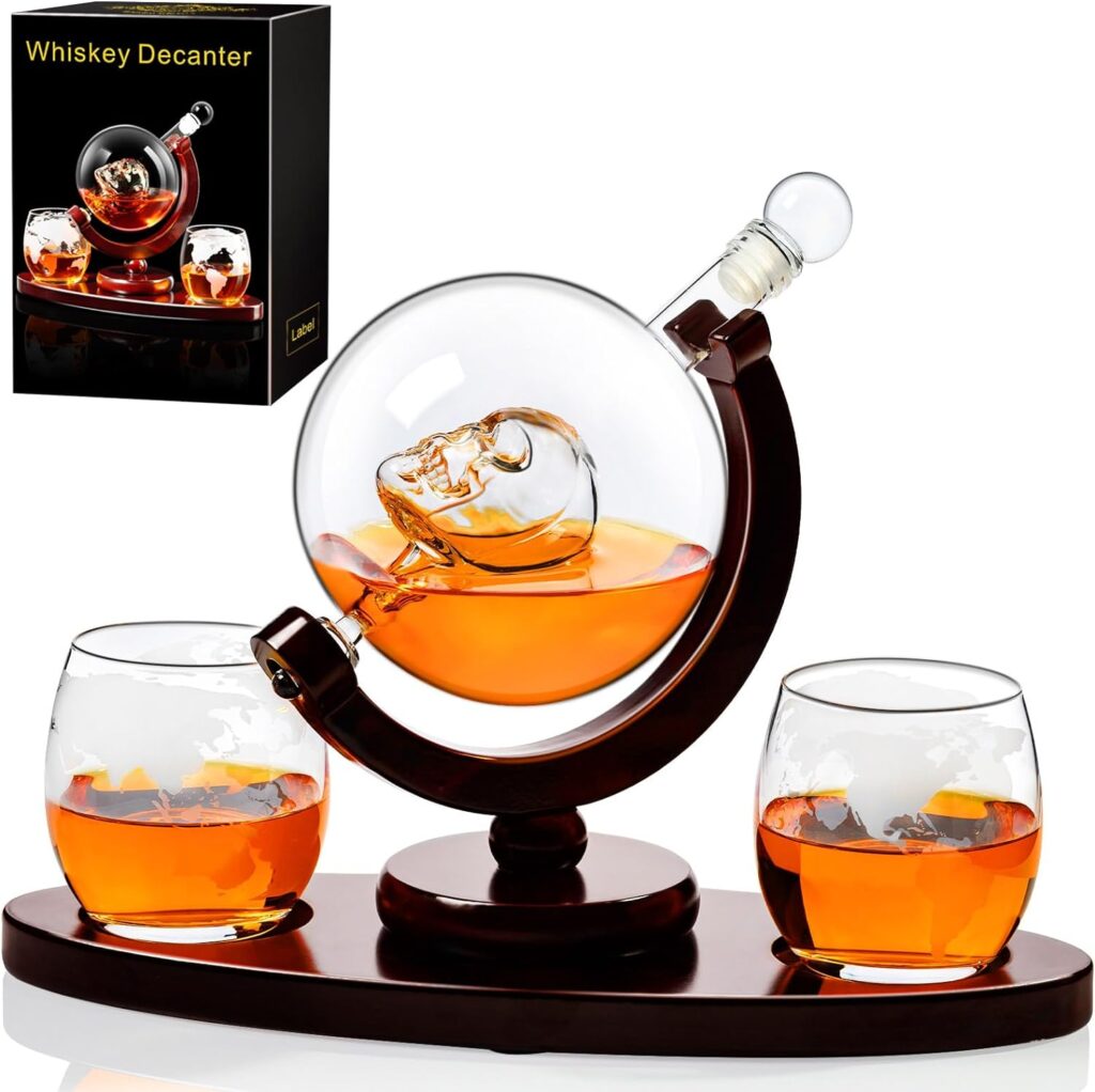 PARACITY Skull Whiskey Decanter Sets for Men, Whiskey Decanter Set with Glasses  Wooden Base, Whiskey Gifts for Bourbon, Liquor, Vodka, Christmas Whiskey Gifts for Men, 850ml/29oz Skull Decanter