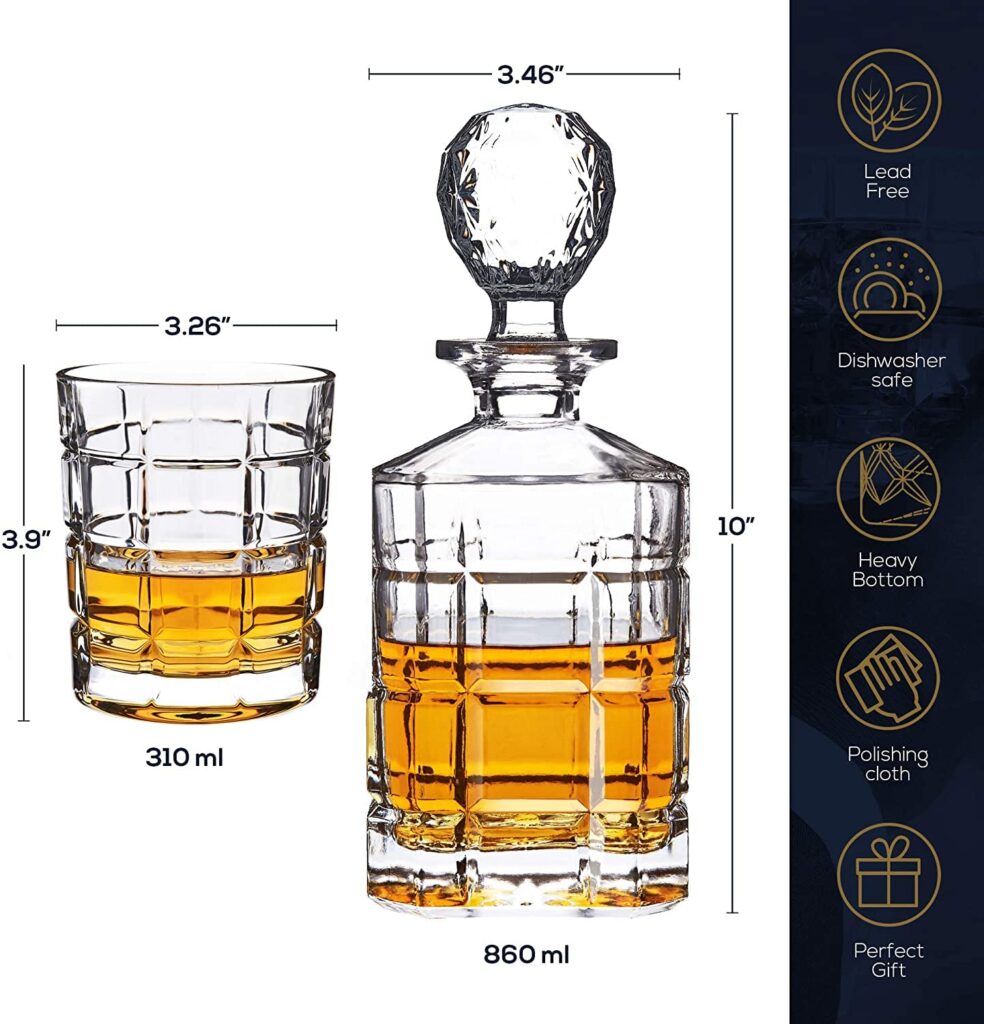REGAL TRUNK  CO. Whiskey Decanter Set with Glasses, 4 Square Engraved Tumblers Whisky Decanter  Glass Set, Crystal Decanter Set Bourbon and Scotch, Gift Box and with Liquor Glass Polishing Cloth