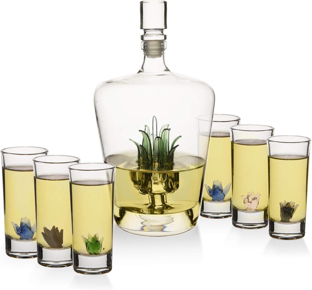 Tequila Decanter Tequila Glasses Set with Agave Decanter and 6 Agave Sipping Shot Glass, Perfect for Gifts for Tequila Lovers, 25 Ounce Bottle, 3 Ounce Tequila Party Decorations Cinco De Mayo (Agave)