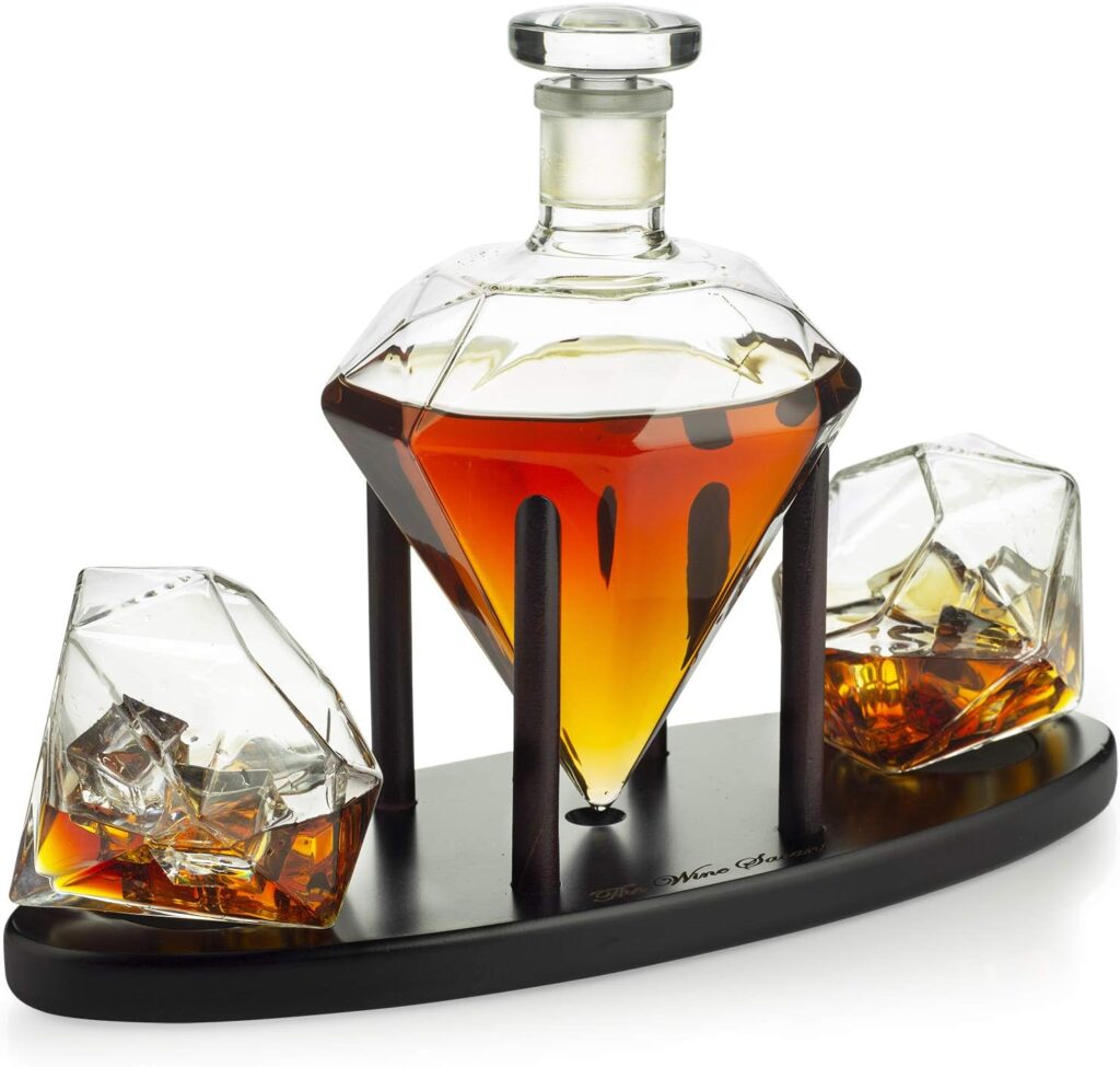 The Wine Savant Diamond Whiskey Decanter l With 2 Diamond Glasses Liquor, Scotch, Rum, Bourbon, Vodka, Tequila Decanter (750 ML DECANTER)