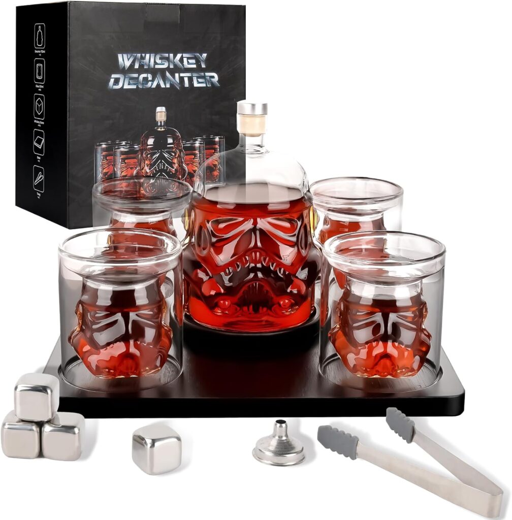 Transparent Creative Whiskey Decanter Set Bottle with 4 Wine Glasses, Whiskey Stone for liquor, Bourbon, Scotch, Vodka, Christmas Gift for Men Women (750ml) (1decanter+4glasses+accessories)