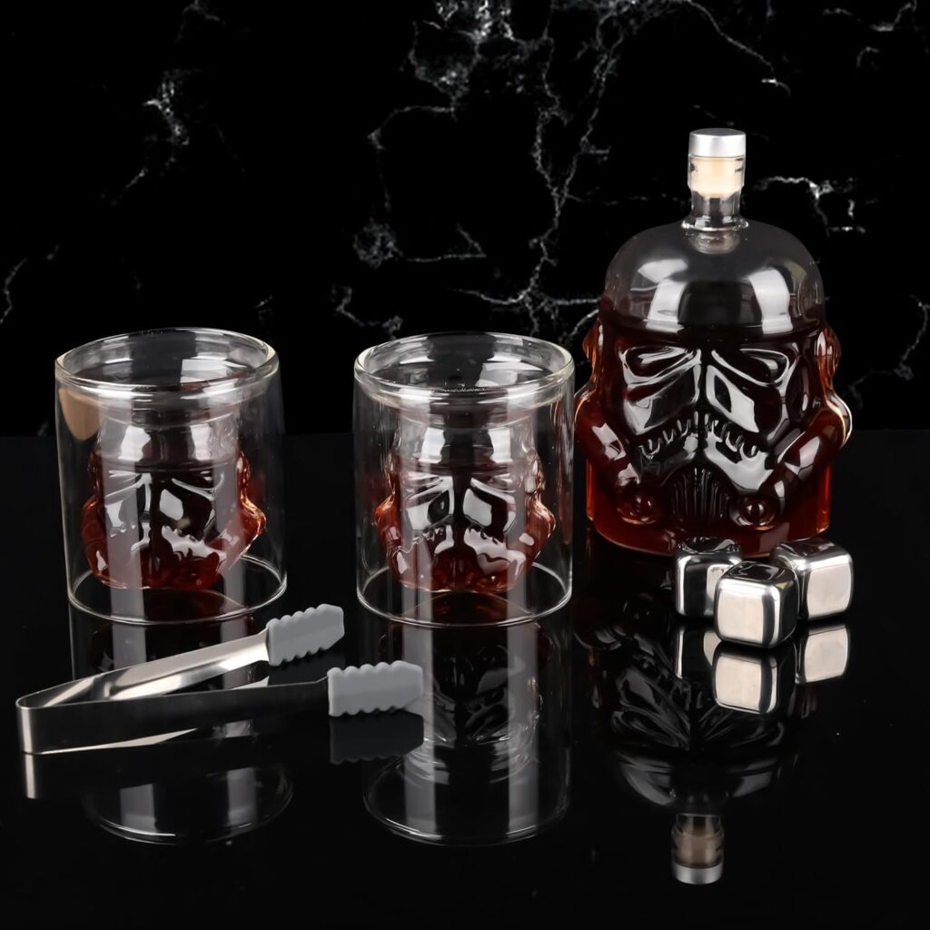 Transparent Creative Whiskey Decanter Set Bottle with 4 Wine Glasses, Whiskey Stone for liquor, Bourbon, Scotch, Vodka, Christmas Gift for Men Women (750ml) (1decanter+4glasses+accessories)