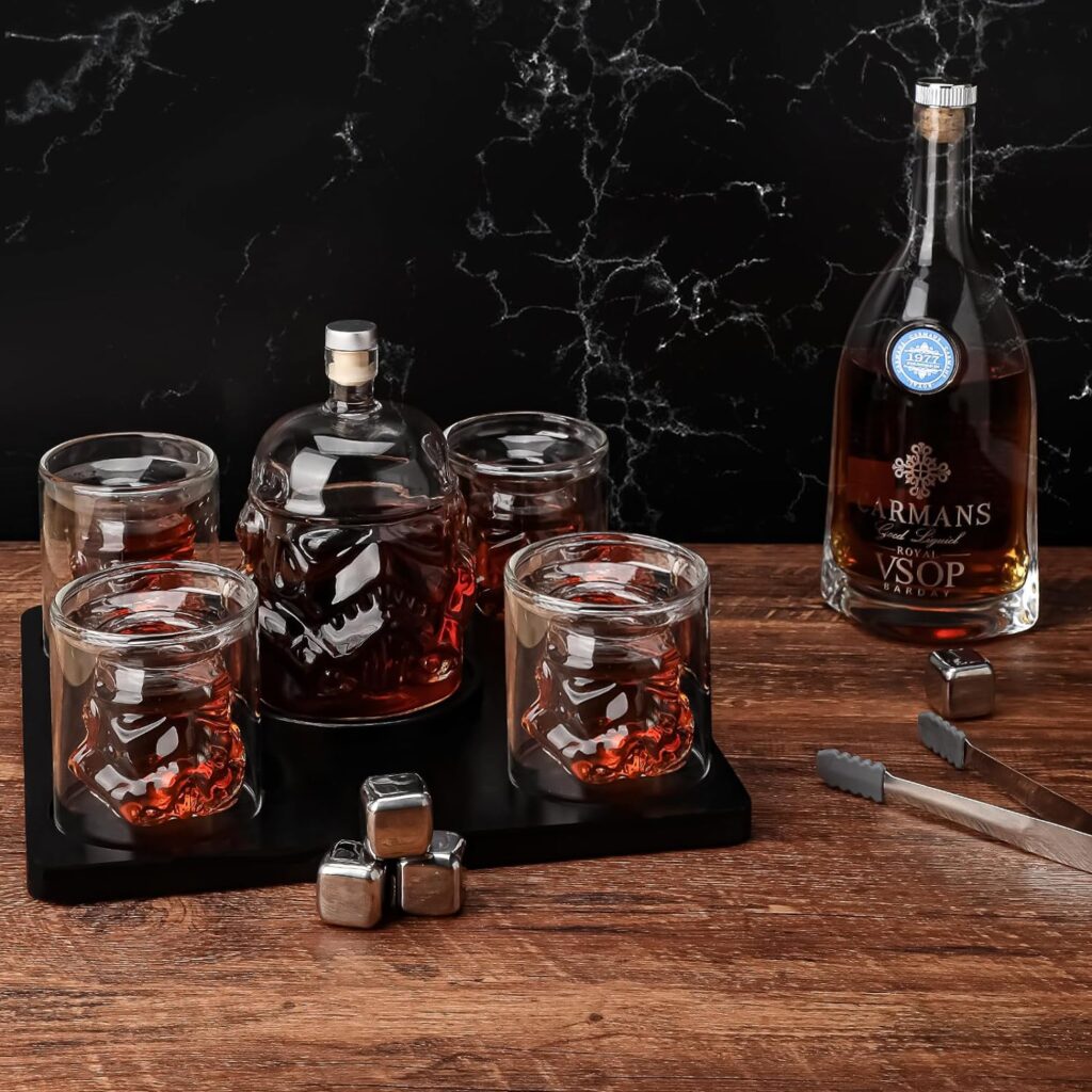 Transparent Creative Whiskey Decanter Set Bottle with 4 Wine Glasses, Whiskey Stone for liquor, Bourbon, Scotch, Vodka, Christmas Gift for Men Women (750ml) (1decanter+4glasses+accessories)