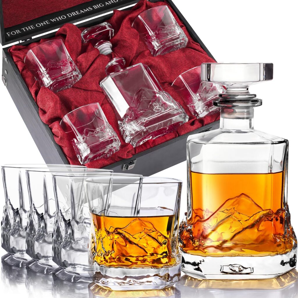 Unique Everest Whiskey Decanter Set with Glasses in Wooden Gift Box - Mountain Expedition Theme - Airtight Heavy 750ml Bourbon Decanter with 4 Heavy Scotch Tumblers - Whiskey Decanter Sets for Men